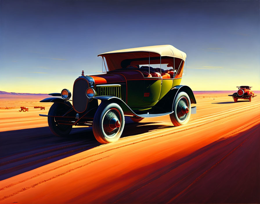 Classic cars race on desert road under setting sun shadows, blue sky, orange terrain.