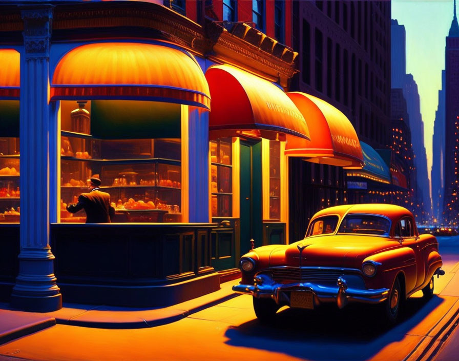 Vibrant painting of red car by bakery at dusk