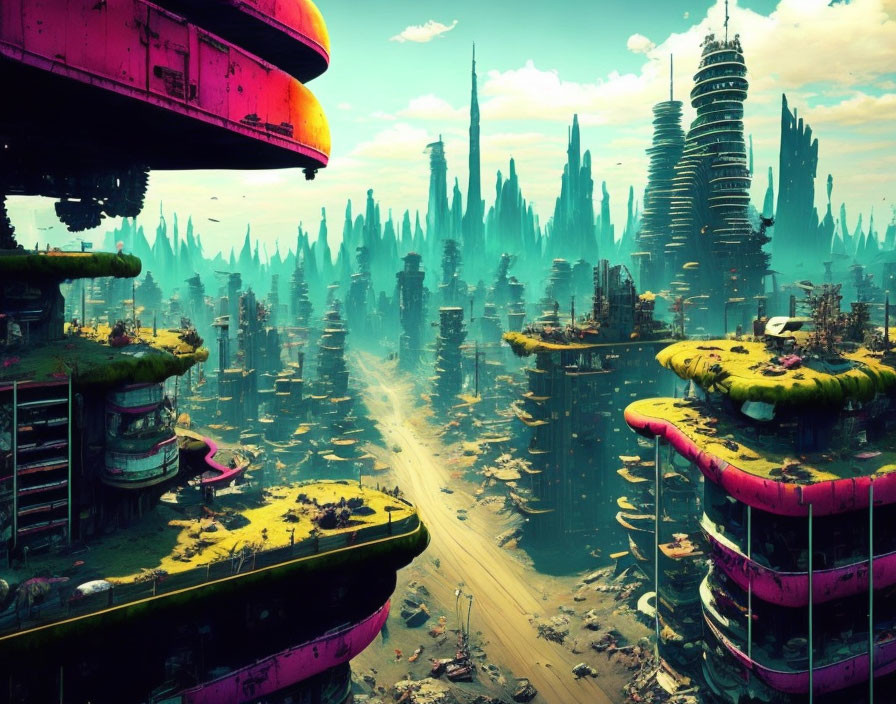 Futuristic cityscape with towering spires and glowing road in pink and green hues