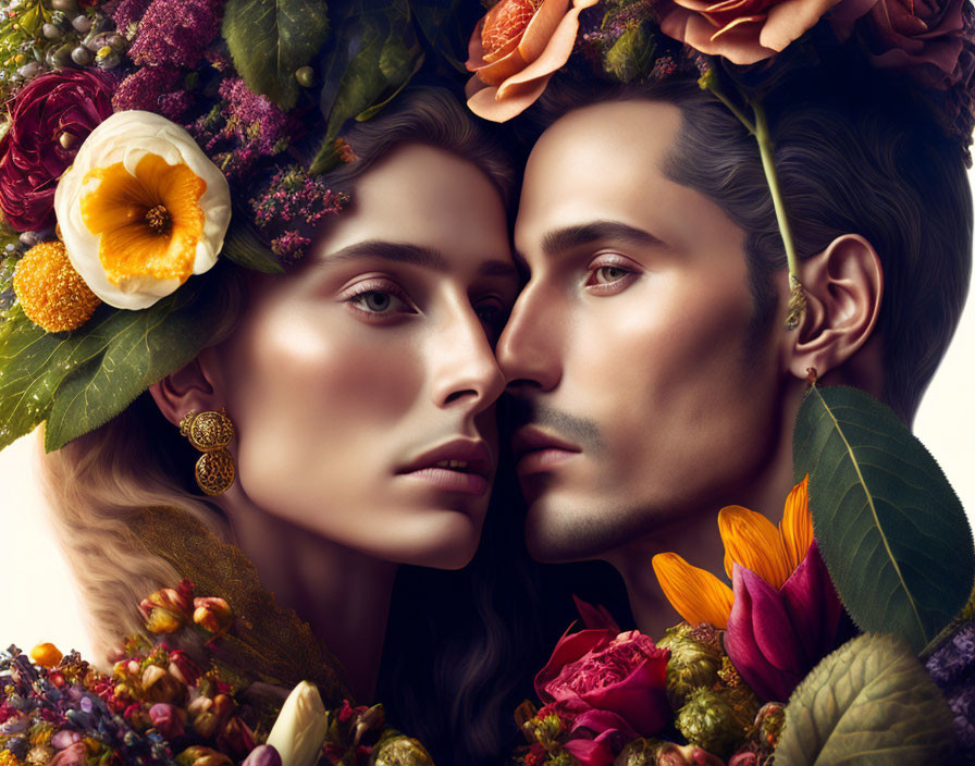 Digital artwork: Man and woman merge with floral adornments, showcasing beauty and nature's harmony.