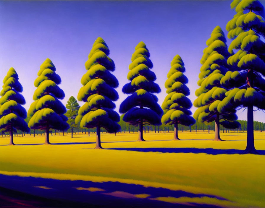 Exaggerated cone-shaped trees in stylized landscape with blue shadows