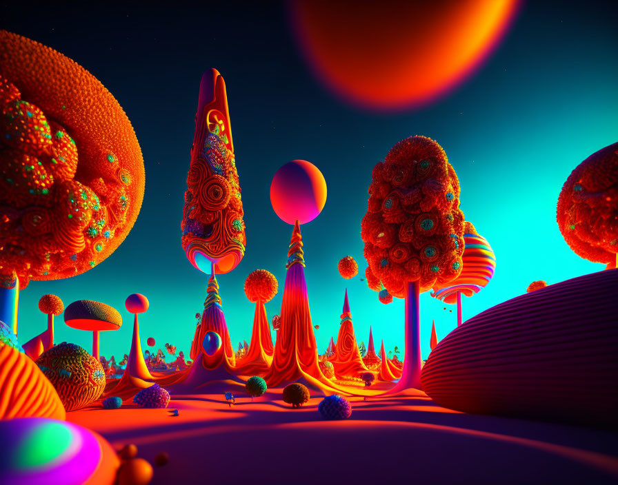 Colorful surreal landscape with stylized trees and neon sky