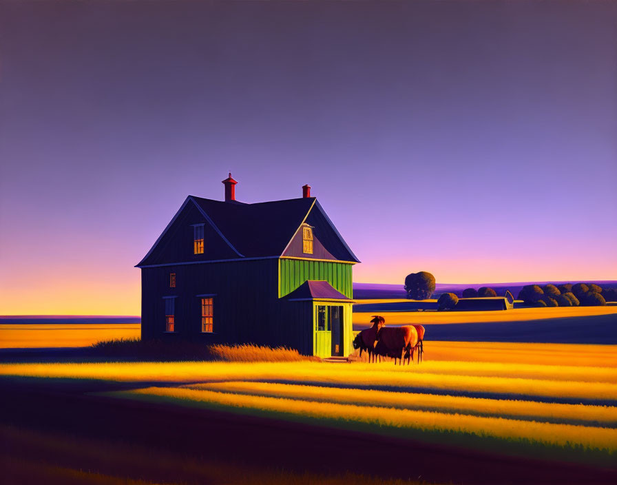 Vivid painting of solitary blue house at dusk with horses in warm golden light