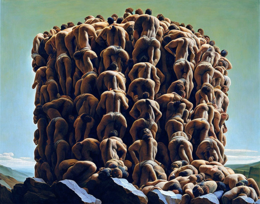 Surreal painting of intertwined human figures on mound in clear sky landscape