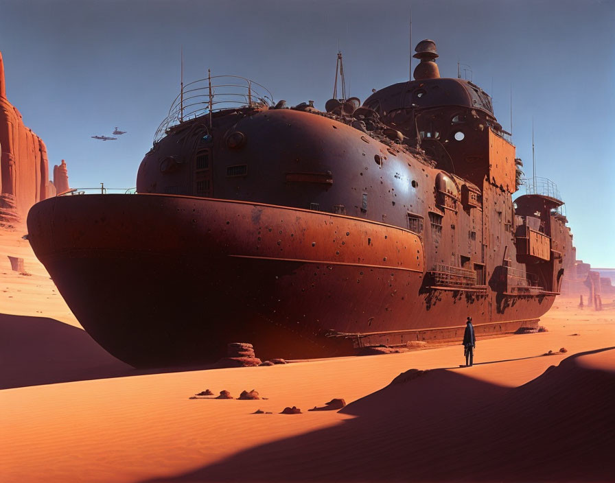 Rusted ship in desert with solitary figure under clear sky