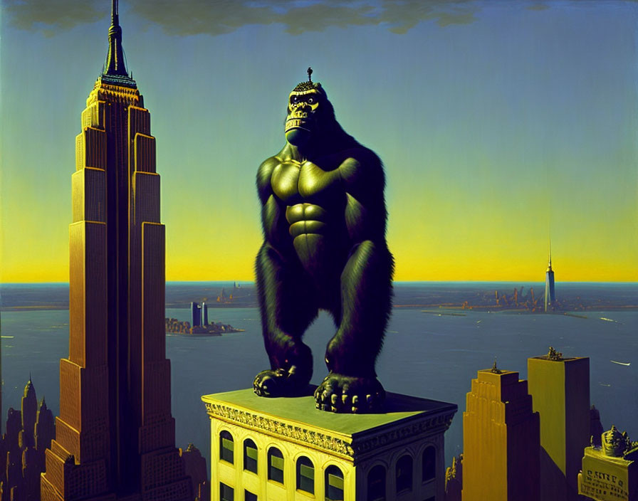 Enormous gorilla on skyscraper gazes at cityscape