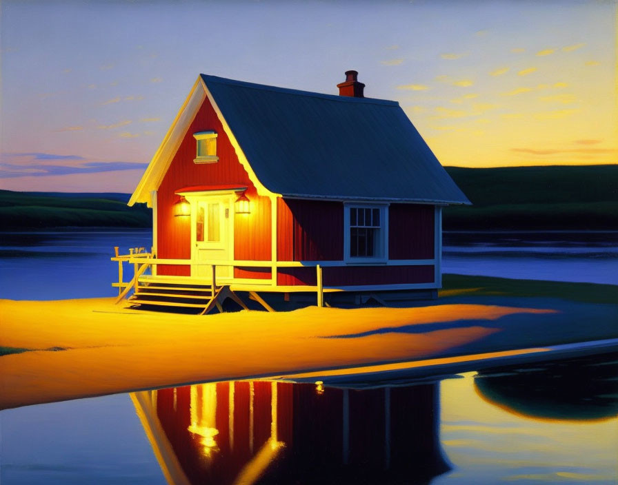 Red House Painting with Lit Porch Light Reflected on Water at Twilight