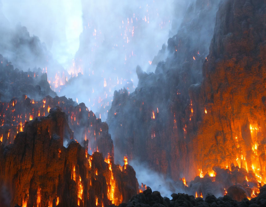 Molten lava cascades down rugged volcanic cliff in fiery orange hues