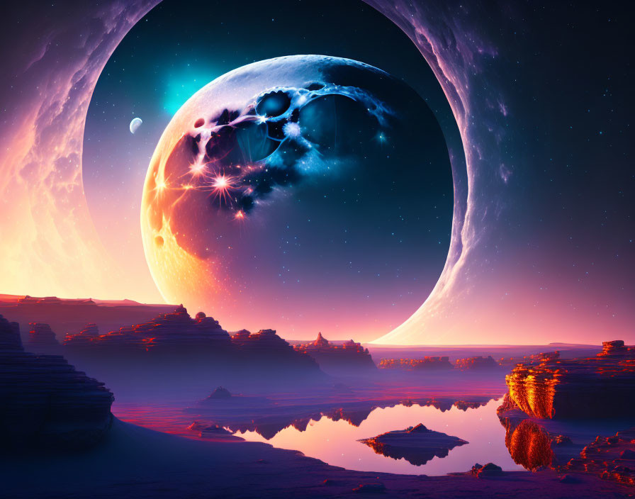 Surreal landscape with giant moon and celestial body reflected in water