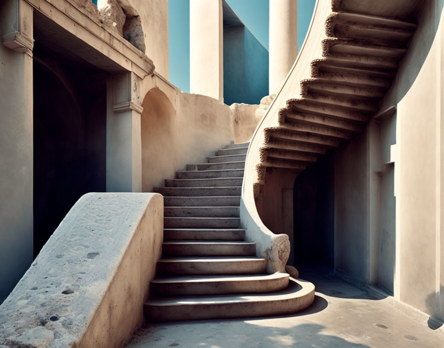 Curved banister on stone staircase in serene courtyard