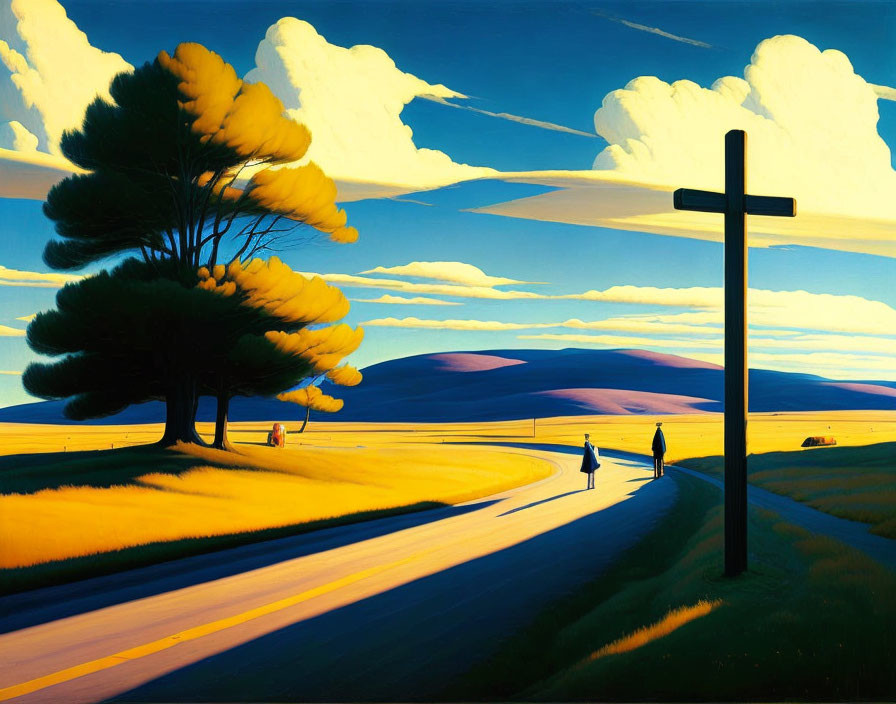 Cross by winding road: Two figures, lush trees, rolling hills, and blue sky contrast