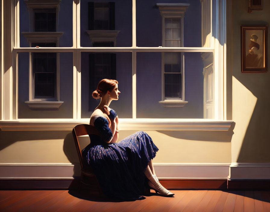 Woman in Blue Dress Sitting by Window in Sunlit Room