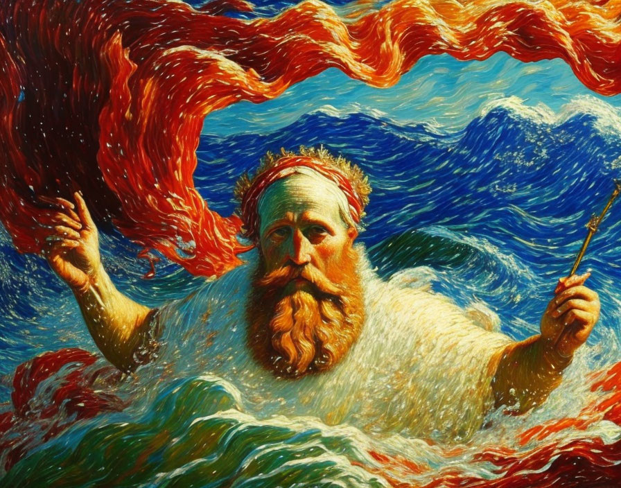 Bearded figure in turbulent waves with trident under stormy sky