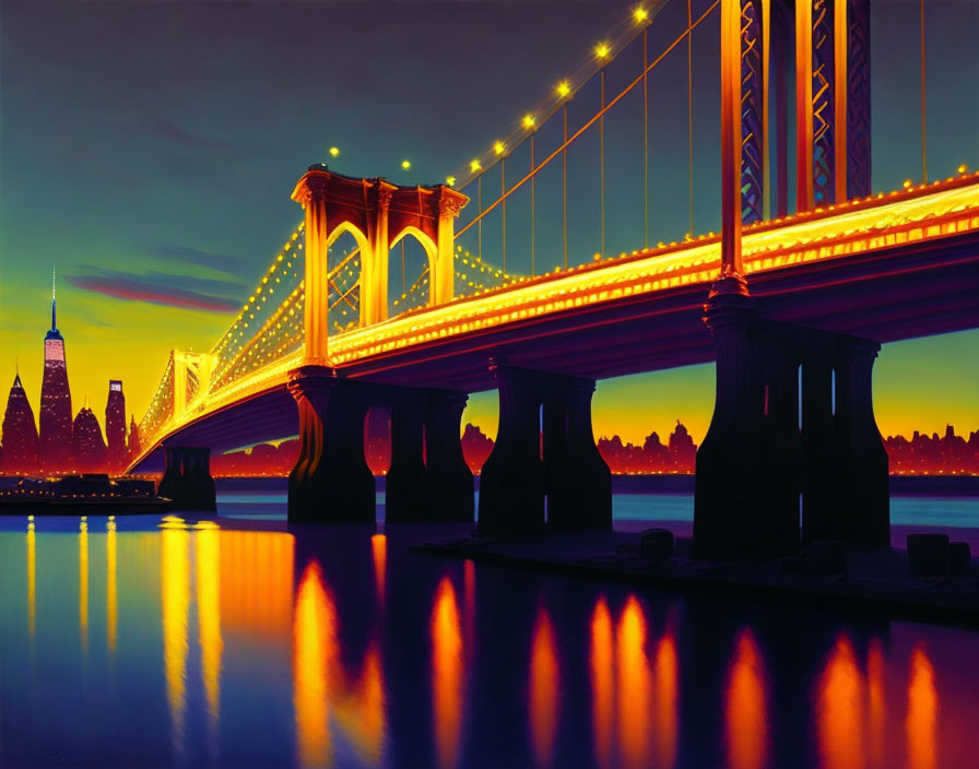 City skyline bridge illustration: dusk view with golden lights