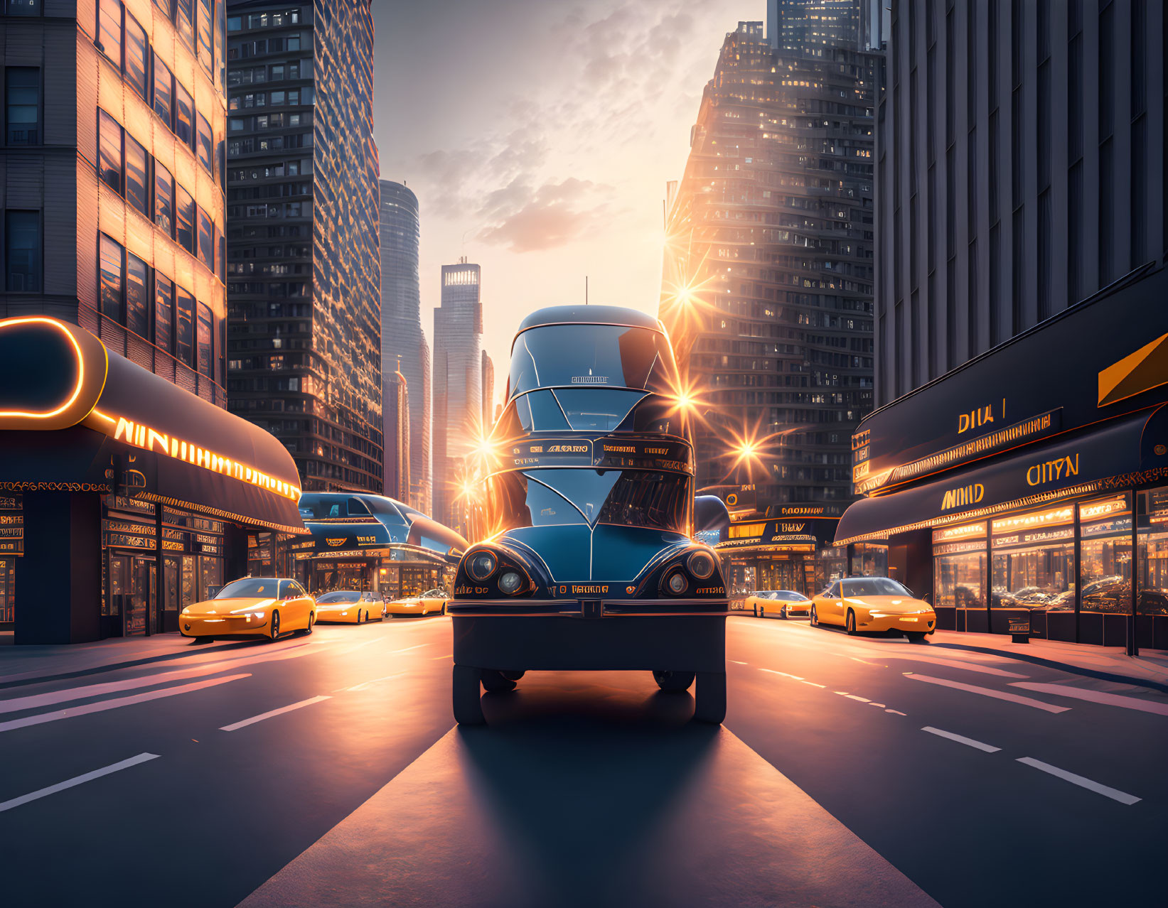 Classic Blue Car on Empty City Street with Modern Cabs and Futuristic Train