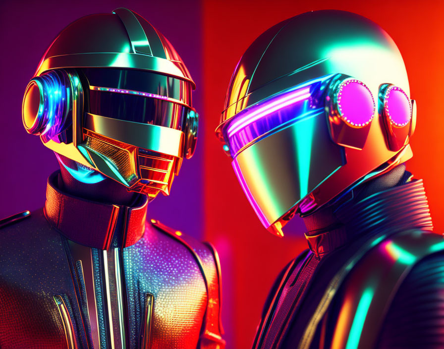 Futuristic robots with sleek helmets and visors in neon-lit setting