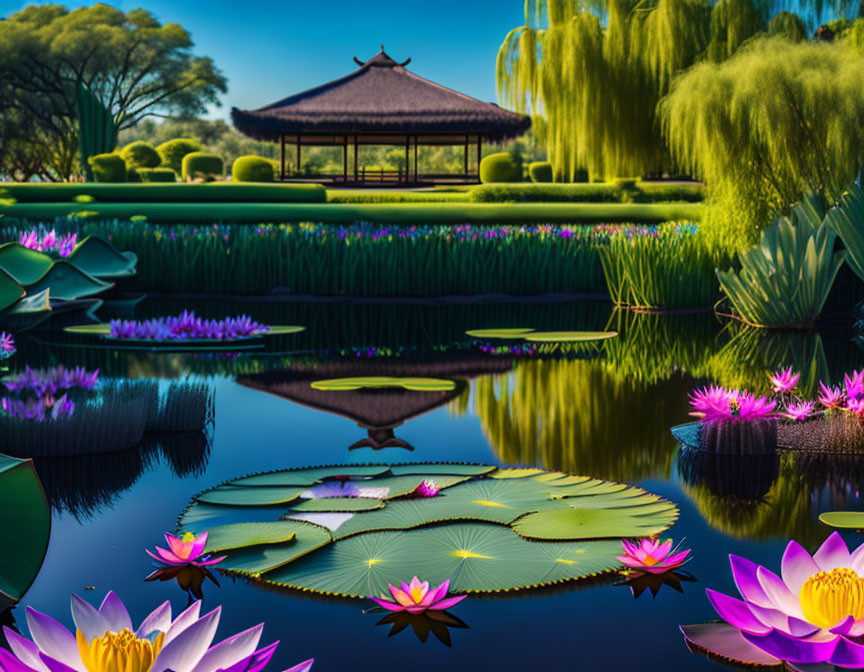 Tranquil garden with water lilies, willow trees, gazebo, and vibrant flowers