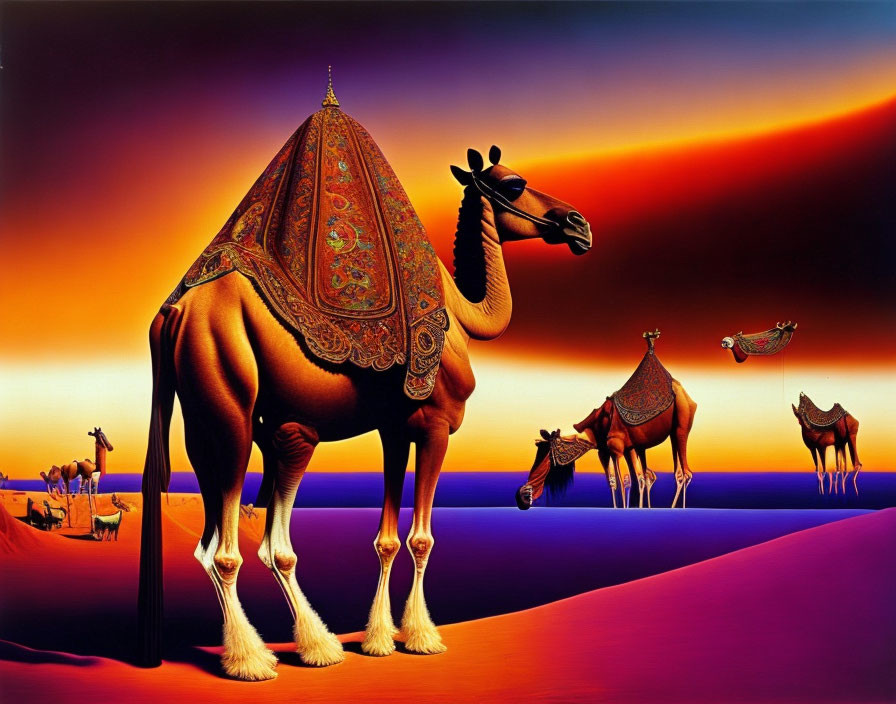 Decorated camels in vibrant desert sunset with silhouetted figures