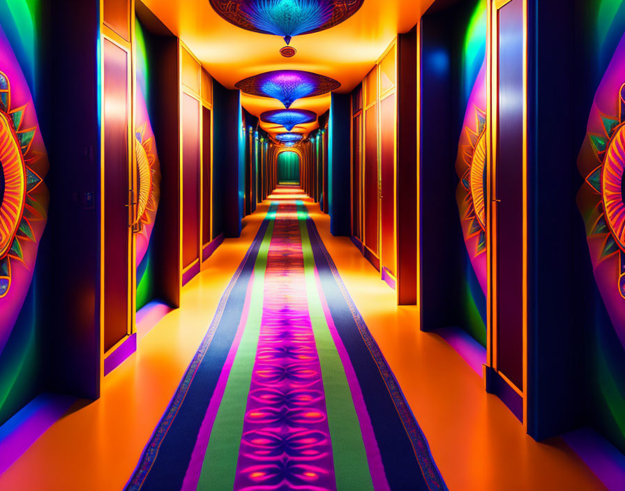 Symmetrical Psychedelic Patterns in Colorful Hallway