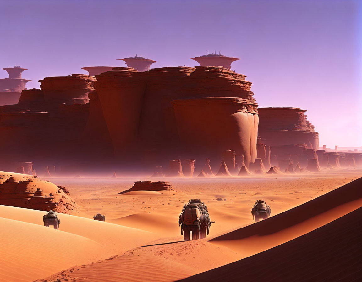 Futuristic vehicles in desert landscape with mesa-like rock formations