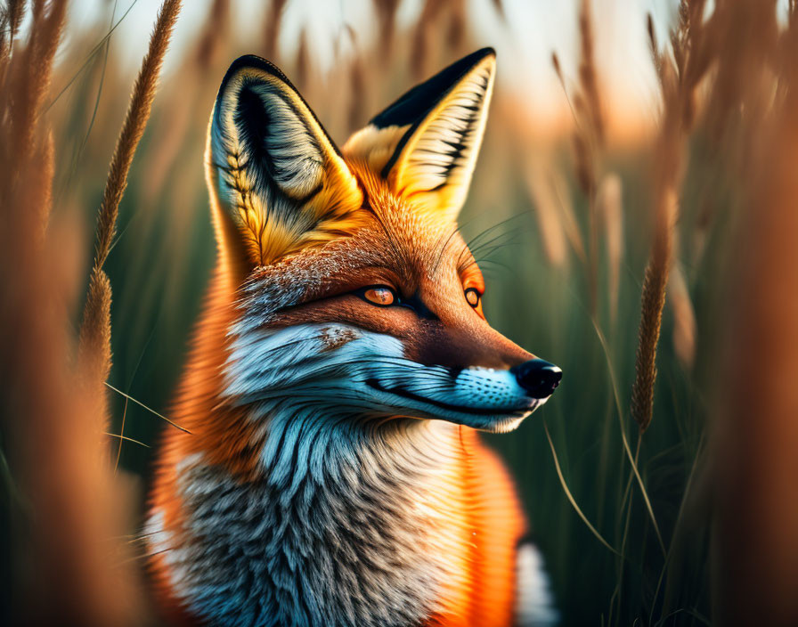 Vibrant red fox in tall grass under warm golden light