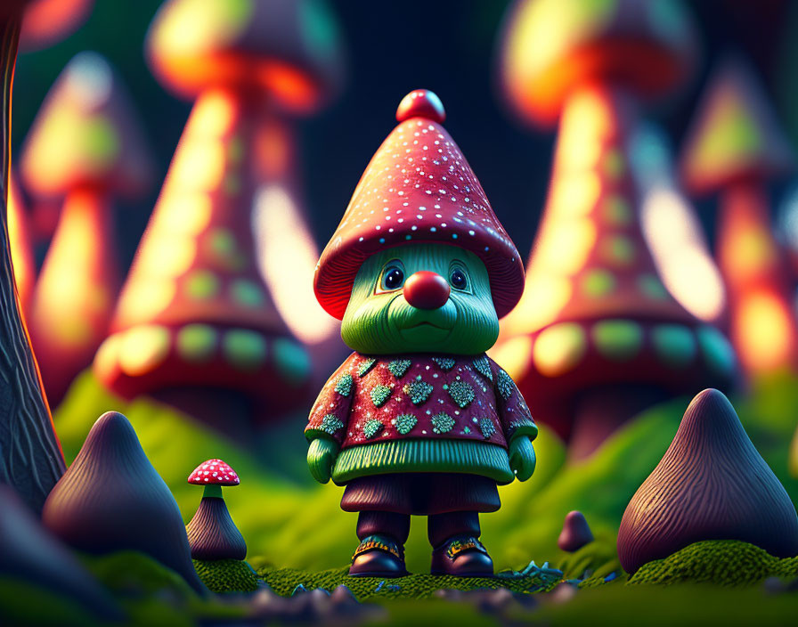 Colorful illustration of gnome in patterned sweater and hat among mushroom houses