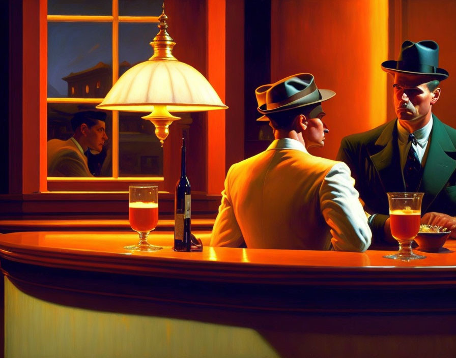 Men in hats at bar discussing, man outside window at dusk