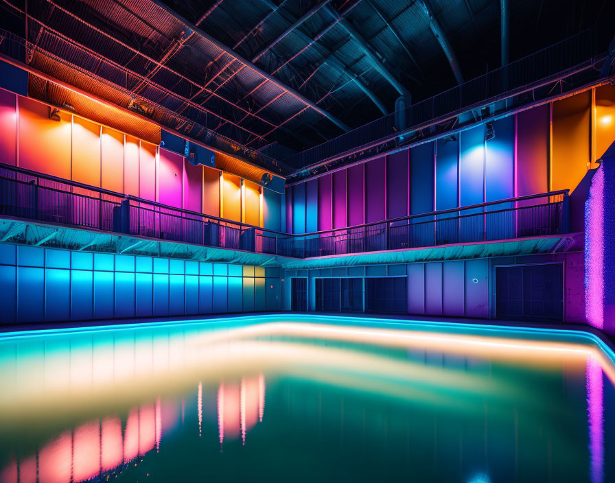 Vibrant Neon-Lit Indoor Pool with Reflective Water