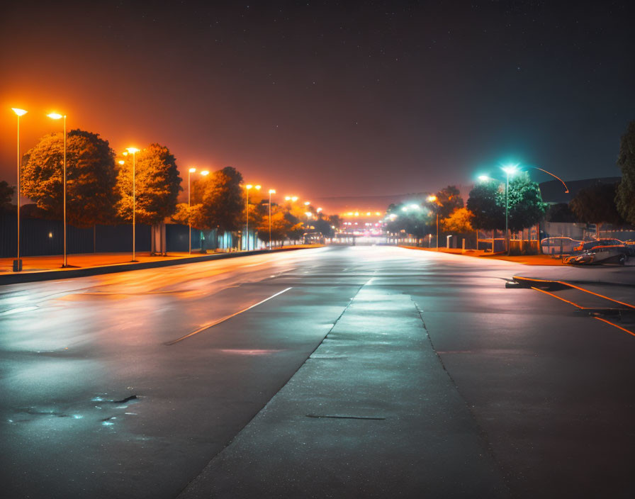 Quiet Night Street Scene with Illuminated Streetlights and Starry Sky