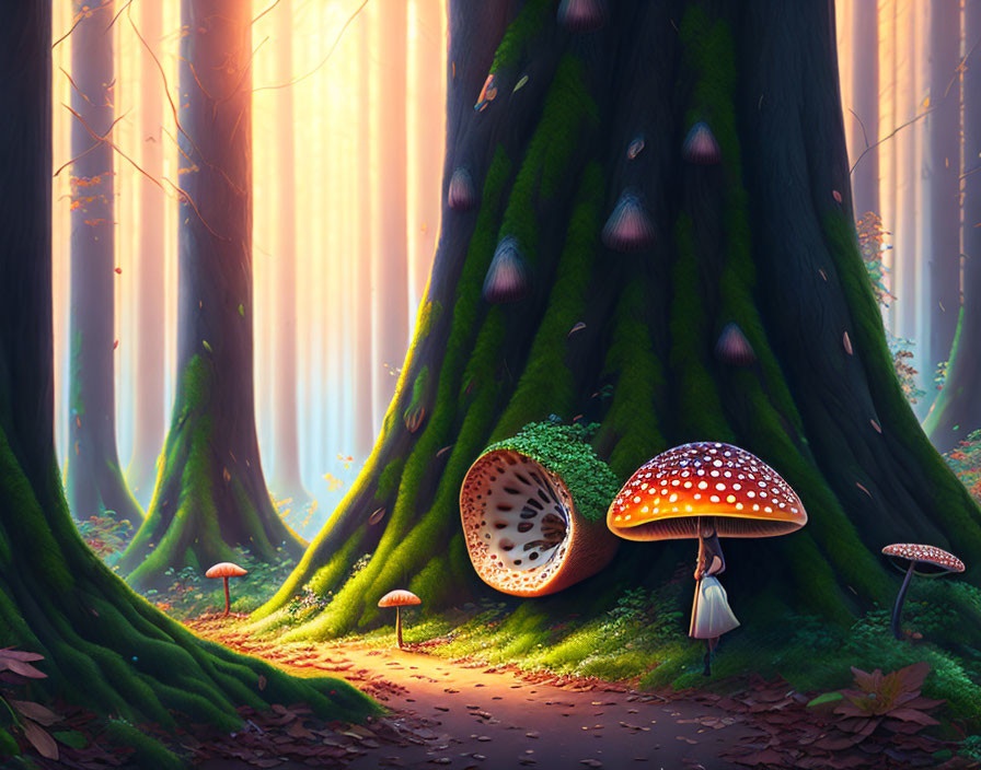 Tranquil forest landscape with towering trees and oversized mushrooms