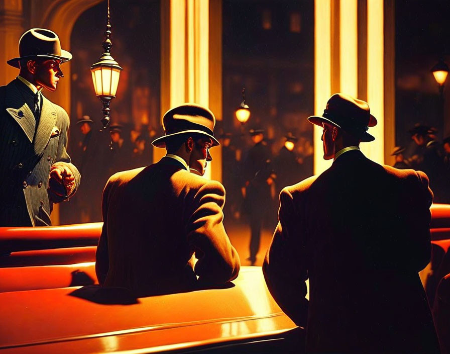 Vintage Attired Men Conversing Under Night Street Lights