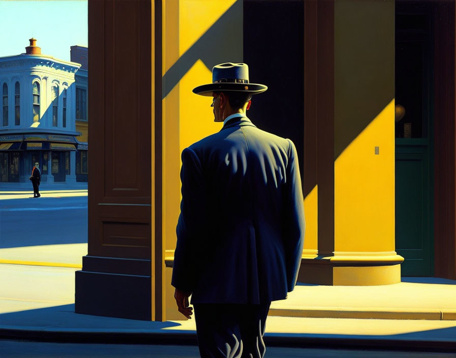 Man in suit and hat casting shadow on sunny street corner with distant figure.