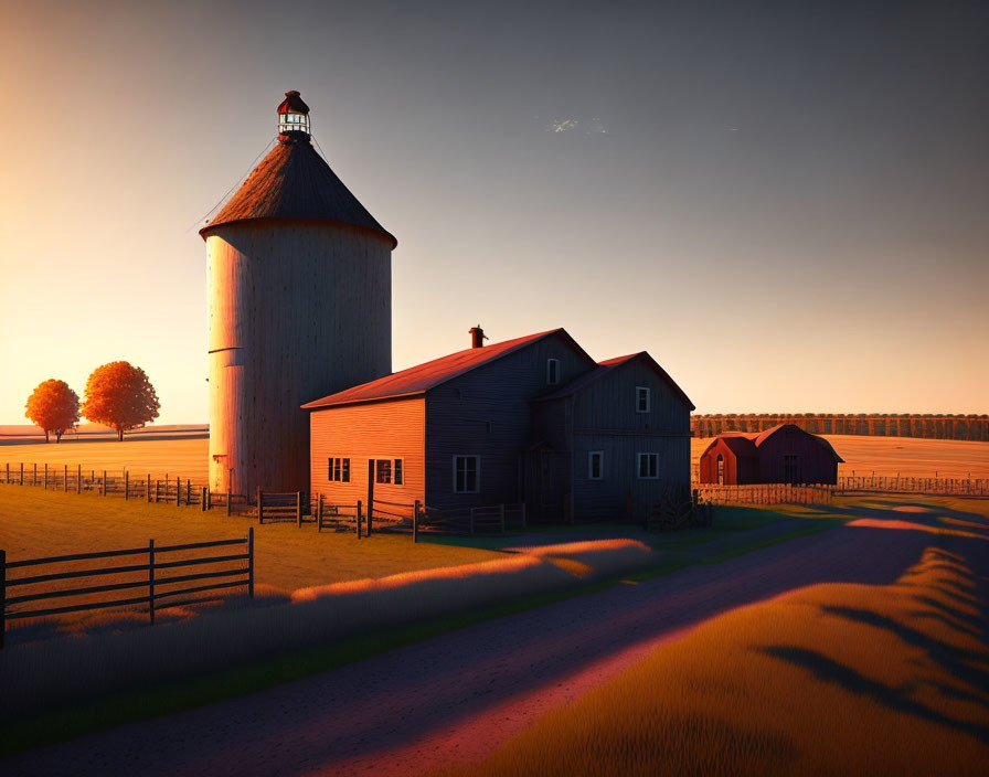 Rural farm landscape at sunset with silo, barn, and shed in warm light