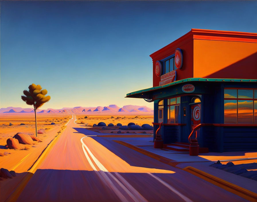 Scenic painting of roadside diner at sunset