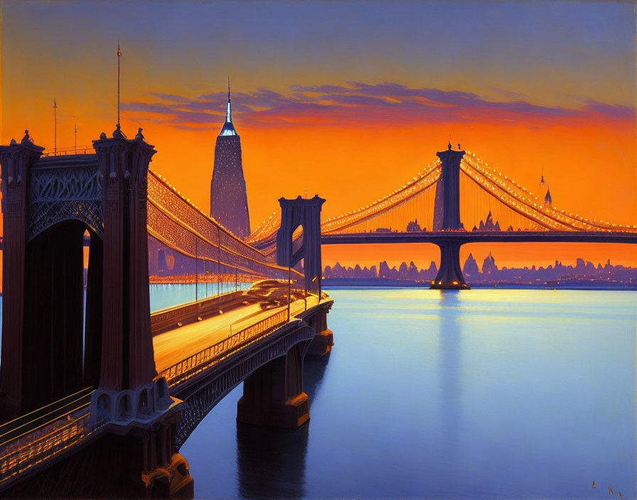 Cityscape sunset painting with gothic bridges, river, and tower skyline