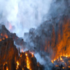 Molten lava cascades down rugged volcanic cliff in fiery orange hues