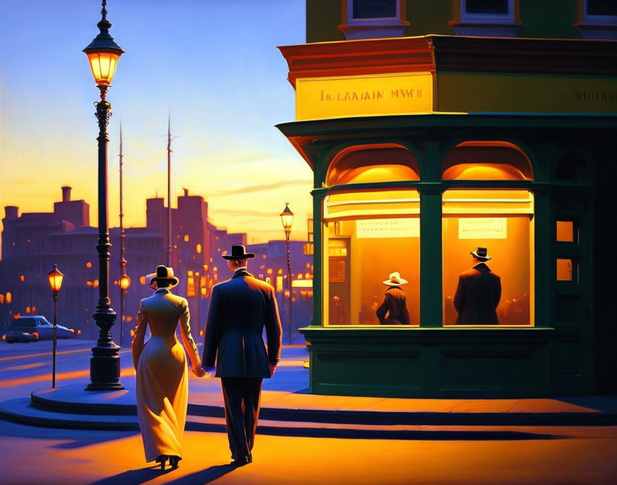 Vintage attired couple strolling by warmly-lit shop corner at dusk