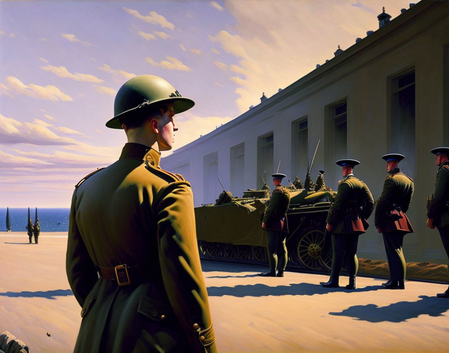 Military painting featuring soldier, cannon, beach, and classical architecture.