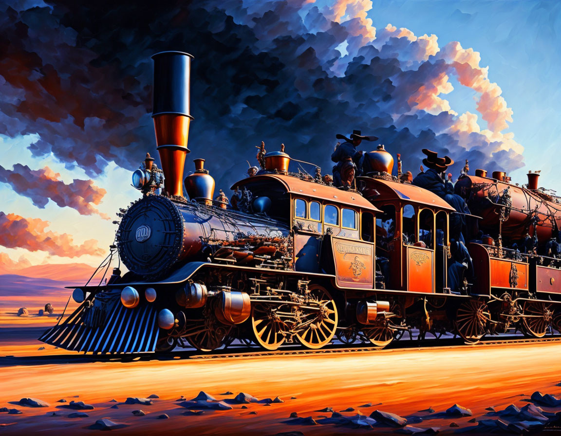 Vintage steam locomotive in desert sunset scene