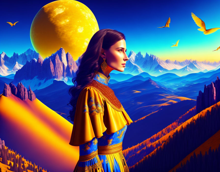 Woman in Blue and Gold Outfit Contemplates Surreal Landscape with Mountains and Moon