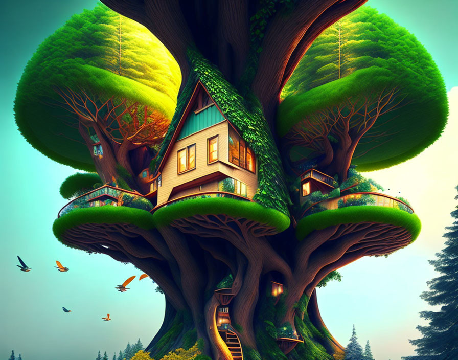 Illustration of whimsical multi-storied treehouse in giant tree branches