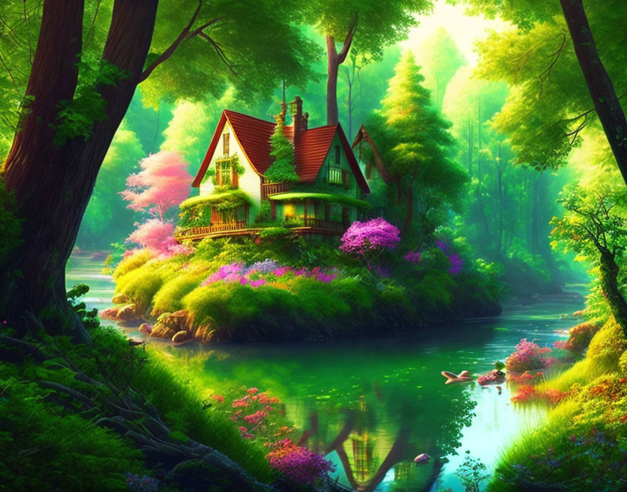 Tranquil cottage surrounded by lush green woods and colorful flora beside a winding river