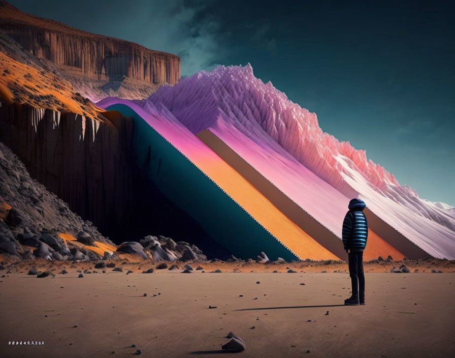 Surreal desert landscape with giant colorful wave formation