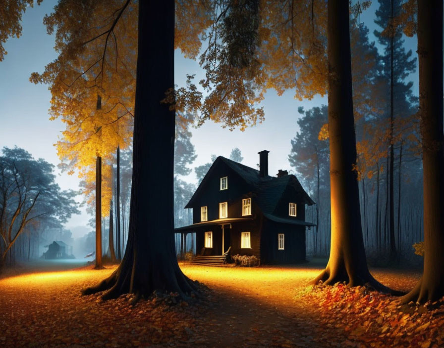 Twilight forest scene with illuminated house and autumnal trees