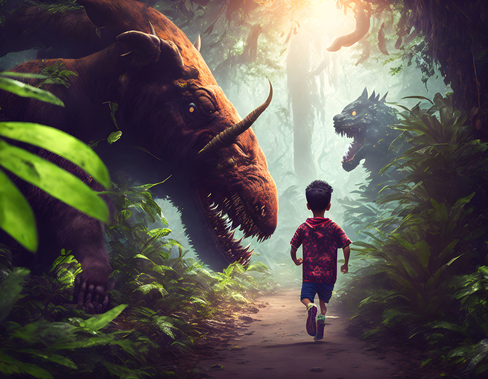 Young boy chased by massive dinosaurs in lush forest
