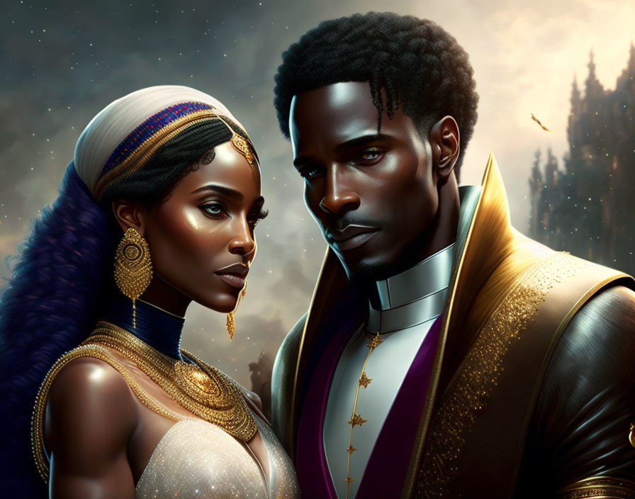 Regal man and woman in futuristic royal attire artwork