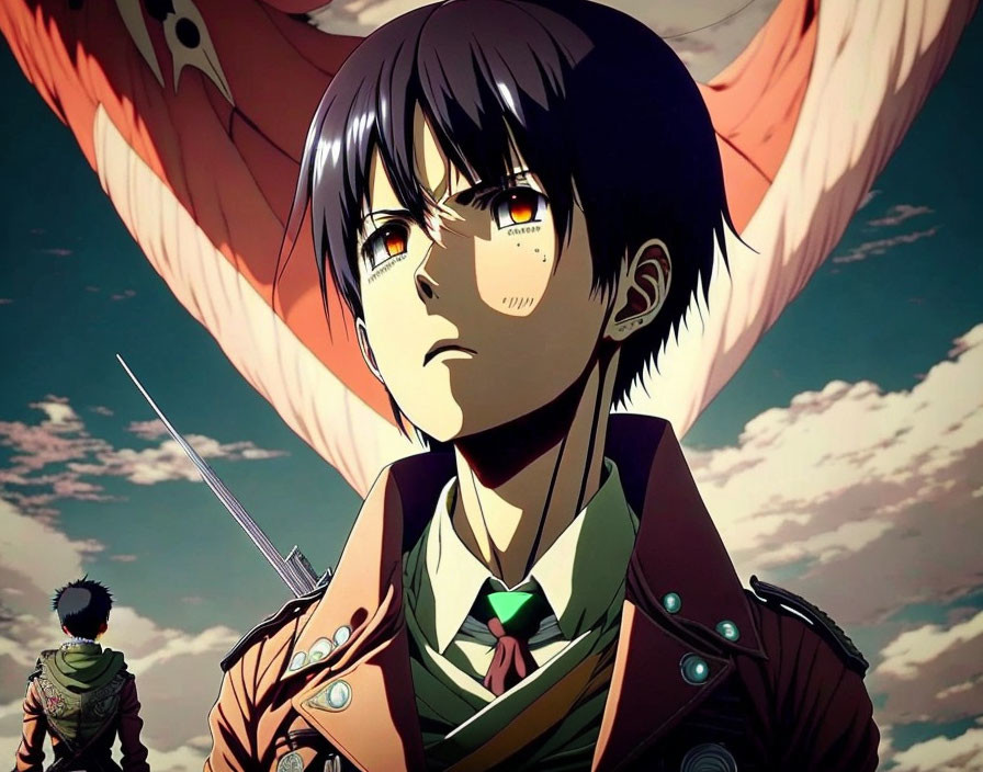 Anime character with black hair and yellow eyes facing a red creature in the sky