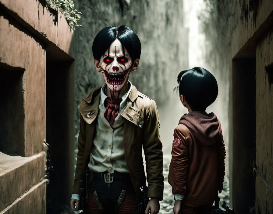 Children in scout uniform and skull mask meet in alleyway