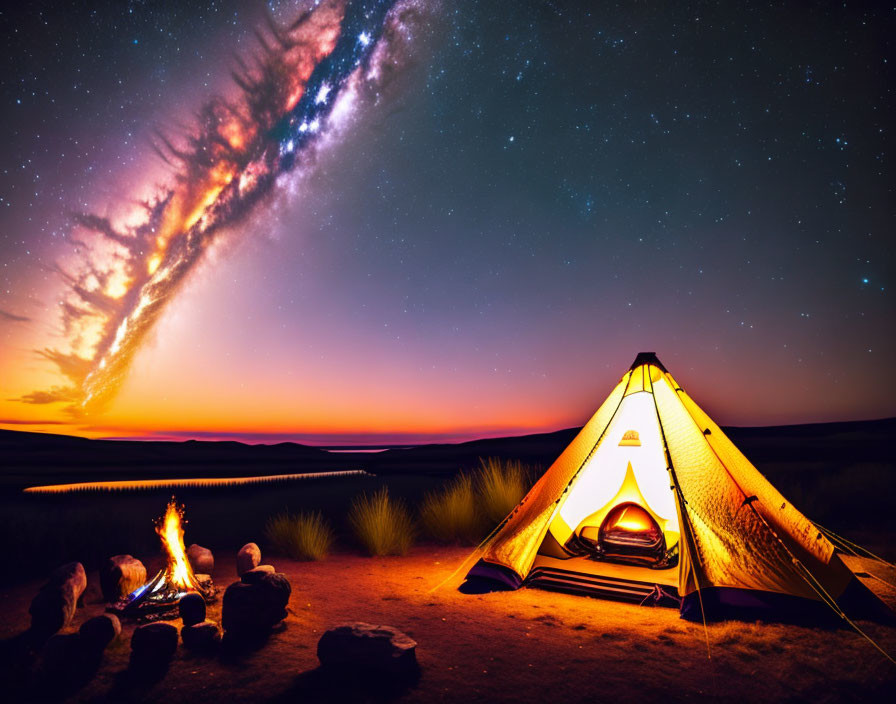 Night Camping Scene: Illuminated Tent, Campfire, People, Milky Way Sky