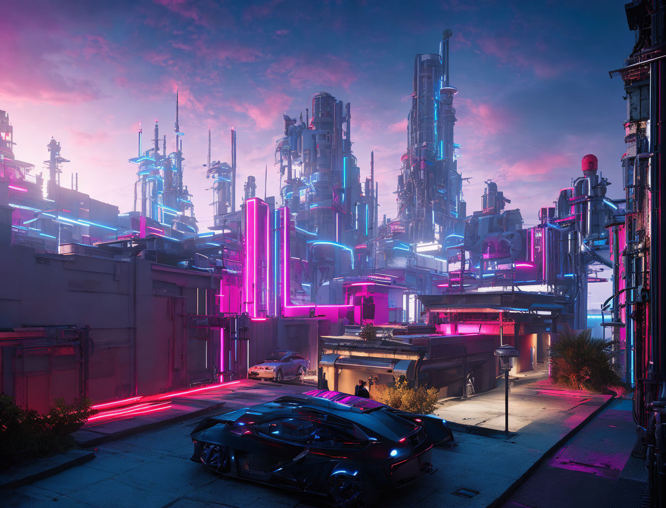 Neon-lit futuristic cityscape at dusk with skyscrapers and vibrant sky